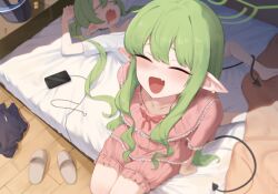2girls bed black_hat blue_archive blurry blush cellphone closed_eyes collarbone commentary demon_tail drooling earbuds earphones fang frilled_pajamas frills from_above green_hair green_halo gurenola halo hat highres hikari_(blue_archive) long_hair lying mouth_drool multiple_girls nozomi_(blue_archive) on_back on_bed open_mouth pajamas phone pink_pajamas pointy_ears shirt siblings sisters sitting skin_fang sleeping slippers smartphone smile t-shirt tail tail_wrap twins twintails unworn_hat unworn_headwear unworn_slippers whistle white_shirt wooden_floor