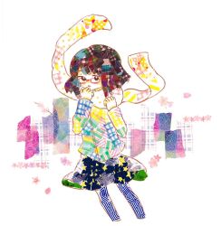 1girl abstract black_eyes blue_pantyhose blush bob_cut boku_no_namae_wa_(vocaloid) brown_hair commentary_request cropped_legs glasses hand_on_own_face highres jacket long_sleeves masking_tape_(medium) matsuzake mixed_media pantyhose parted_lips purple_skirt red-framed_eyewear scarf short_hair skirt solo star_(symbol) star_print swept_bangs traditional_media unconventional_media vocaloid white_background
