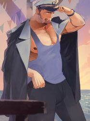 1boy adjusting_clothes adjusting_headwear bara bare_pectorals beard blue_tank_top chest_hair cigar facial_hair feet_out_of_frame hand_up highres large_pectorals looking_at_viewer male_focus muscular muscular_male navy nipples original oversized_clothes oversized_shirt pectorals rathalosx4 shirt short_hair sidepec smoking solo tank_top