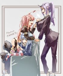 Rule 34 | 1other, 2girls, anger vein, black panties, blue eyes, blue hair, blue jacket, breast envy, breasts, business suit, closed eyes, couch, demon horns, formal clothes, highres, horns, jacket, large breasts, long hair, milim nava, multiple girls, panties, pink hair, pink thighhighs, poyuiko oekk, purple hair, rimuru tempest, shion (tensura), suit, tensei shitara slime datta ken, thighhighs, underwear, white background, white thighhighs, yellow eyes