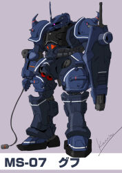 Rule 34 | cable, character name, commentary, gouf, gundam, gundam gquuuuuux, highres, kuroneko koubou, machinery, mecha, mecha focus, mobile suit, mobile suit gundam, no humans, one-eyed, original, purple eyes, radio antenna, redesign, robot, science fiction, shield, shoulder spikes, signature, sketch, solo, spikes, translated, zeon