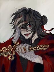 Rule 34 | 1boy, absurdres, bandaged arm, bandaged hand, bandages, black hair, black hanfu, blood, blood on hands, chinese clothes, chinese commentary, coat, coin, coin sword, crying, crying with eyes open, dao gui yi xian, grey background, hair between eyes, hair bun, hair ribbon, half updo, hand on own face, hanfu, highres, holding, holding sword, holding weapon, holed coin, li huowang, long hair, looking at viewer, male focus, nail polish, open mouth, red coat, red eyes, red nails, red ribbon, ribbon, robe, simple background, single hair bun, smile, solo, sword, tears, teeth, upper body, weapon, wide sleeves, yizhikafei