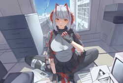 1girl absurdres ada53 antenna_hair apple arknights black_gloves black_jacket black_pantyhose black_skirt breasts broken_window cabinet demon_horns file_cabinet fingerless_gloves food fruit full_body gloves grey_hair grey_shirt highres holding holding_food holding_fruit horns indoors jacket large_breasts looking_at_viewer miniskirt on_floor open_clothes open_jacket orange_eyes pantyhose paper parted_lips pleated_skirt red_horns red_nails shirt short_hair sitting skirt solo w_(arknights) window