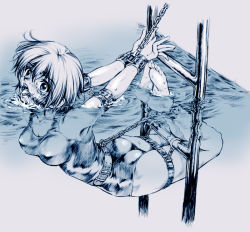 1girl asphyxiation barefoot bdsm belt blue_theme bondage bound breasts chain covered_erect_nipples cuffs drowning feet female_focus gag gagged ladder large_breasts leather_restraints monochrome one-piece_swimsuit open_mouth partially_submerged peril pizza_man pool pool_ladder predicament_bondage restrained ring_gag shackled shackles short_hair solo swimsuit tears toes torment torture water wet