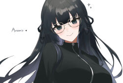 1girl absurdres artemis_of_the_blue atelier_live black_hair blunt_bangs character_name closed_mouth glasses hair_ribbon highres long_hair long_sleeves looking_at_viewer mole mole_under_eye multicolored_hair official_alternate_costume ribbon shark_girl solo virtual_youtuber wcscute zipper