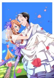 1boy 1girl :d aged_up arm_around_neck ascot bare_shoulders belt black_hair blue_eyes blue_sky border bow breasts bridal_veil carrying cedric_(disney) closed_mouth commentary_request couple day dress earrings elbow_gloves eye_contact face-to-face flower frilled_dress frills full_body gloves grass hair_flower hair_ornament hetero highres jacket jewelry lace lace-trimmed_gloves lace_trim long_dress long_hair looking_at_another medium_breasts multicolored_hair necklace open_mouth orange_hair outdoors outside_border pink_brooch pink_petals pointy_nose princess_carry purple_belt purple_bow purple_flower see-through_clothes see-through_sleeves short_hair short_sleeves sky smile sofia_(disney) sofia_the_first strapless strapless_dress stud_earrings teeth two-tone_hair uo_sakana5656 upper_teeth_only veil very_short_hair wavy_hair wedding wedding_dress white_ascot white_border white_dress white_gloves white_hair white_jacket