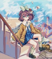 1girl absurdres blue_eyes blue_skirt blue_sky blue_vest bow brown_hair brown_jacket brown_shoes cape closed_mouth cynthia_(uuzz5324) dot_mouth dress falling_paper flutterpage full_body hair_between_eyes highres house jacket pleated_skirt reverse:1999 shoes short_dress short_hair sitting sitting_on_stairs skirt sky socks solo stairs vest wariza white_bow white_cape white_socks