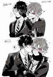 ... 2boys ace_trappola blush closed_eyes collared_shirt commentary_request covering_another&#039;s_eyes cropped_torso deuce_spade diagonal-striped_clothes diagonal-striped_necktie double-parted_bangs embarrassed facial_mark gloves greyscale grin hair_behind_ear hair_between_eyes hand_on_another&#039;s_face hand_on_another&#039;s_wrist heart highres jacket kiss kissing_cheek lapels layered_sleeves long_sleeves looking_at_another male_focus mofu_twst monochrome multiple_boys musical_note necktie night_raven_college_uniform notched_lapels parted_lips school_uniform shirt short_hair single_glove smile speech_bubble spoken_ellipsis spot_color striped_clothes suit_jacket teeth twisted_wonderland white_background wing_collar yaoi