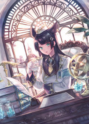 1girl :o aiguillette animal_ear_fluff animal_ears armband armchair badge balance_scale black_hair book book_stack breast_hold breasts brown_necktie building cat_ears chair coat commentary_request crystal cup day desk dutch_angle ear_piercing extra_ears female_focus glint gloves green_eyes hair_ornament hairclip hat highres holding holding_cup indoors inkwell jar long_hair long_sleeves medium_breasts military military_uniform necktie open_mouth original paper piercing plant quill sidelocks sitting sleeve_cuffs solo straight_hair suzaku_(zaku6584) swept_bangs teacup upper_body weighing_scale white_coat white_gloves white_hat window wing_collar
