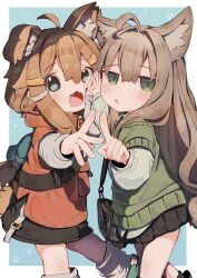 2girls :o absurdres ahoge animal_ear_fluff animal_ears bag black_shorts black_skirt blue_background blush brown_hair child dog_ears dog_girl dog_tail fang fangs feet_out_of_frame green_eyes hair_between_eyes hair_ornament hairclip highres holding_hands hood jacket kipfel_(vrchat) layered_sleeves leg_up long_hair long_sleeves looking_at_viewer loose_socks mamehinata mok4suke multiple_girls open_mouth paw_print pleated_skirt pointing red_shirt shirt short_over_long_sleeves short_sleeves shorts shoulder_bag skin_fang skirt smile socks sweater sweater_vest tail vrchat white_shirt
