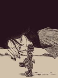 1girl black_background black_hair greyscale highres long_hair looking_at_viewer lying monochrome on_side original solo toy_soldier tp_p_pt winding_key
