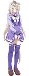 1girl absurdres animal_ears blue_eyes blush bow bowtie brown_shoes closed_mouth commentary ear_ornament ears_down frilled_skirt frills frown full_body grey_hair ha_(hura76752775) hair_ornament half-closed_eyes highres horse_ears horse_girl horse_tail horseshoe_ornament long_hair long_sleeves looking_at_viewer mary_janes miniskirt oguri_cap_(umamusume) pleated_skirt purple_sailor_collar purple_shirt purple_skirt purple_thighhighs sailor_collar school_uniform shirt shoes simple_background skirt skirt_hold solo standing sweatdrop tail thighhighs tracen_school_uniform umamusume umamusume:_cinderella_gray white_background white_bow white_bowtie