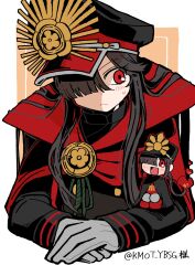 Rule 34 | 1girl, black cape, black hair, black hat, blush, brother and sister, cape, chibi, crest, derivative work, family crest, fate/grand order, fate (series), fiery hair, gloves, goma1021, hair over one eye, hat, heart, highres, jacket, long hair, long sleeves, low ponytail, military hat, oda nobukatsu (fate), oda nobunaga (fate), oda uri, open mouth, pants, peaked cap, ponytail, red cape, red eyes, red hat, red pants, siblings, sidelocks, sitting, twitter username, two-tone background, two-tone hat, white background, white gloves, yellow background