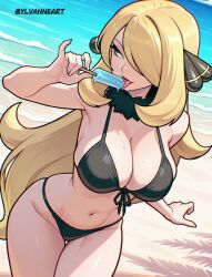 1girl bikini black_bikini blonde_hair breasts cloud collarbone cynthia_(pokemon) day food fur_collar hair_ornament hair_over_one_eye highres holding holding_food holding_popsicle large_breasts long_hair navel nintendo ocean pokemon pokemon_dppt popsicle solo swimsuit tongue tongue_out very_long_hair ylvanne
