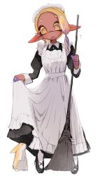 absurdres alternate_costume apron black_dress blonde_hair broom colored_extremities colored_eyelashes dark-skinned_female dark_skin dress enmaided frilled_apron frills frye_(splatoon) gradient_hair highres holding holding_broom inkling maid maid_apron maid_headdress maki_chaa multicolored_hair nintendo pointy_ears puffy_sleeves rabbit splatoon_(series) splatoon_3 tentacle_hair white_apron wrist_cuffs yellow_eyes