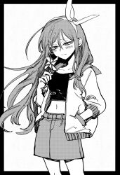 Rule 34 | 1girl, aubrey (faraway) (omori), aubrey (omori), blush, closed mouth, collarbone, crop top, denim, denim skirt, greyscale, hairband, hand in pocket, highres, jacket, konoito nui, long hair, long sleeves, monochrome, navel, omori, pinwheel, simple background, skirt, solo