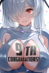 1girl absurdres armpit_cutout blush body_writing bodysuit breasts cinderella_(nikke) cleavage clothing_cutout goddess_of_victory:_nikke hair_over_one_eye highres large_breasts long_hair looking_at_viewer navel_cutout one_eye_covered red_eyes see-through_bodysuit see-through_clothes shiny_eyes simple_background smile solo twintails upper_body very_long_hair white_bodysuit white_hair yumeto_(ym-1)