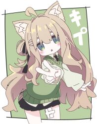 1girl :&lt; ahoge animal_ear_fluff animal_ears bandaged_leg bandages bandaid bandaid_on_knee bandaid_on_leg black_necktie black_ribbon black_skirt blue_eyes blush blush_stickers border brown_hair cat_ears cat_girl collared_shirt cowboy_shot cropped_legs green_background green_eyes green_shirt hair_between_eyes hair_bun hair_intakes hair_ornament hair_ribbon hairclip head_tilt ixy kipfel_(vrchat) leaning_forward long_hair long_sleeves looking_at_viewer miniskirt necktie one_side_up open_mouth outside_border outstretched_arm pleated_skirt puffy_long_sleeves puffy_sleeves reaching reaching_towards_viewer ribbon shirt simple_background single_hair_bun single_side_bun skirt solo standing sweater sweater_vest tail triangle_mouth two-tone_background v very_long_hair vest vrchat white_background white_border white_shirt
