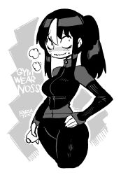 1girl black_hair black_jacket black_pants blush bottle breasts closed_mouth english_text glasgow_smile greyscale gym_uniform hand_on_own_hip highres holding holding_bottle jacket jaggy_lines large_breasts long_fingers long_hair long_sleeves looking_at_viewer monochrome multicolored_hair noss_&amp;_zakuro noss_(rariatto) pants plastic_bottle ponytail rariatto_(ganguri) smile solo streaked_hair vampire water_bottle wavy_mouth white_hair yoga_pants
