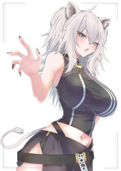1girl absurdres ahoge animal_ears black_nails blue_eyes blush breasts commentary_request crop_top fang grey_hair grey_tail hachimitsu_shitate highres hololive long_hair looking_at_viewer navel open_mouth shishiro_botan shishiro_botan_(1st_costume) skin_fang solo tail virtual_youtuber white_background