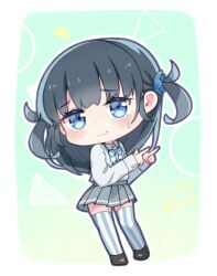 absurdres basori_tiara black_hair blue_bow blue_bowtie blue_eyes border bow bowtie chibi chibi_only fang full_body gradient_background green_background grey_skirt highres long_sleeves looking_at_viewer make_heroine_ga_oo_sugiru! pleated_skirt pointing pointing_to_the_side school_uniform shirt skin_fang skirt striped_clothes striped_thighhighs sweatdrop thighhighs tsuwabuki_high_school_uniform vertical-striped_clothes vertical-striped_thighhighs white_border white_bow white_bowtie white_shirt yuuhikureroom6