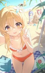 1boy 3girls :d absurdres aether_(genshin_impact) ahoge alternate_costume animal_ears bailu_(honkai:_star_rail) bare_arms bare_legs beach bikini black_male_swimwear black_shorts blonde_hair blue_bikini blue_hair blush braid breasts brown_eyes cat_ears cleavage collarbone crossed_bangs day diona_(genshin_impact) double-parted_bangs eastern_dragon_horns frilled_bikini_top genshin_impact green_innertube hair_intakes highres honkai:_star_rail honkai_(series) horns lens_flare looking_at_viewer lumine_(genshin_impact) male_swimwear multiple_girls navel on_innertube open_mouth orange_bikini outdoors pointy_ears sand_castle sand_sculpture selfie shirt short_hair_with_long_locks shorts sidelocks sleeveless sleeveless_shirt small_breasts smile solo_focus summer swimsuit thigh_gap v white_shirt yiran_kuxiao