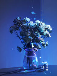 1girl artist_name blue_background blue_theme closed_eyes dress flower highres huhv. long_hair original plant scenery solo standing vase watermark web_address white_dress