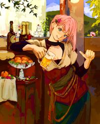 1girl absurdres alcohol aqua_eyes bchan1582 beer beer_mug bottle breasts cleavage clothing_request commentary cup day english_commentary flower food fruit glass_plate grapes green_skirt grin hair_flower hair_ornament head_tilt highres holding holding_cup long_sleeves looking_at_viewer mandarin_orange mountainous_horizon mug original outdoors pink_flower pink_hair plant plate rose short_hair skirt small_breasts smile solo standing thumbs_up