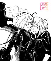 2girls ahoge armor black_shirt closed_mouth cloud cropped_torso fate/grand_order fate_(series) fujimaru_ritsuka_(female) fujimaru_ritsuka_(female)_(polar_chaldea_uniform) greyscale hair_over_one_eye high_collar highres holding holding_shield katsutacle light_blush light_smile looking_at_viewer mash_kyrielight mash_kyrielight_(ortenaus) monochrome multiple_girls open_mouth scrunchie shield shirt short_sleeves side_ponytail smile