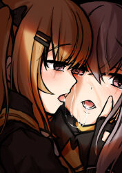 2girls after_kiss black_bow black_gloves black_jacket blush bow brown_hair collared_shirt commentary_request crossed_bangs fingerless_gloves girls&#039;_frontline gloves hair_between_eyes hair_bow hair_ornament hairclip hand_on_another&#039;s_cheek hand_on_another&#039;s_face hood hood_down hooded_jacket jacket long_hair long_sleeves looking_at_viewer lower_teeth_only macchiato_(jae-min_cho) multiple_girls open_mouth orange_hair parallel_hairclips portrait saliva scar scar_across_eye scar_on_face shirt sidelocks simulated_facial suggestive_fluid tearing_up teeth tongue tongue_out twintails two-sided_fabric two-sided_jacket ump45_(girls&#039;_frontline) ump9_(girls&#039;_frontline) yuri