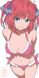 Rule 34 | 1girl, arms behind back, bare shoulders, bikini, blue eyes, breasts, cleavage, collarbone, frilled bikini, frills, front-tie bikini top, front-tie top, go-toubun no hanayome, highres, large breasts, long hair, looking at viewer, nakano nino, navel, pink hair, purple ribbon, ribbon, side-tie bikini bottom, smile, solo, standing, stomach, swimsuit, twintails, white background, xel4