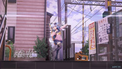 1boy aqua_hair black_ribbon black_shoes black_thighhighs blue_skirt blue_sky building bush cloud crossdressing dog_hair_ornament dog_tail flower guitar_case hair_ornament hair_ribbon instrument_case inuyama_tamaki jacket loafers male_focus miniskirt noripro official_art okanoyuno open_mouth pleated_skirt pointing pointing_up purple_jacket ribbon scenery school_uniform serafuku shoes sign skirt sky solo tail thighhighs trap virtual_youtuber window yellow_eyes yellow_ribbon