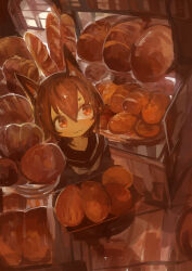 1girl :3 absurdres animal_ears baguette bakery black_sailor_collar bread brown_hair commentary_request food from_above hair_between_eyes highres holding indoors kaamin_(mariarose753) loaf_of_bread neckerchief orange_eyes original sailor_collar school_uniform serafuku shelf shop solo standing white_neckerchief window