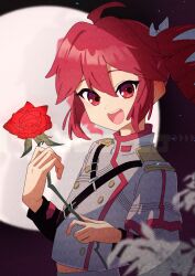 absurdres ahoge belt black_belt black_sleeve_cuffs bow buttons commentary double-breasted drill_hair fin_gocco flower from_side full_moon grey_jacket hair_between_eyes hair_bow hair_ribbon highres holding holding_flower jacket kasane_teto kasane_teto_(sv) layered_sleeves long_sleeves looking_at_viewer midriff_peek moon night open_mouth red_eyes red_flower red_hair red_rose red_trim ribbon rose shoulder_belt shoulder_boards striped_clothes striped_jacket symbol-only_commentary synthesizer_v teeth tongue twin_drills upper_teeth_only utau white_bow white_ribbon