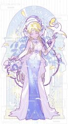 Rule 34 | 1girl, antique phone, bird, blonde hair, blue dress, blue eyes, bridal gauntlets, circlet, closed mouth, collar, crescent halo, detached collar, dress, feather-trimmed dress, feathers, full body, half-closed eyes, halo, halo behind head, happy, head wings, highres, holding, holding phone, infinity nikki, jewelry, layered dress, long dress, long hair, mizemengs, necklace, nikki (series), phone, pillar, purple halo, sample watermark, sidelocks, silvergale&#039;s aria (infinity nikki), smile, solo, sparkle, straight hair, strapless, strapless dress, tachi-e, too many watermarks, very long hair, watermark, white background, white bridal gauntlets, white collar, white dress, wings