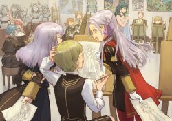 4boys 6+girls annette_fantine_dominic arm_behind_head blonde_hair blood blue_eyes blue_hair blush breasts bust_(sculpture) female_byleth_(fire_emblem) cape closed_mouth drawing_(action) easel edelgard_von_hresvelg fire_emblem fire_emblem:_three_houses flayn_(fire_emblem) garreg_mach_monastery_uniform glasses gloves green_hair green_little hair_ornament hair_ribbon highres hilda_valentine_goneril ignatz_victor ingrid_brandl_galatea long_hair long_sleeves lysithea_von_ordelia marianne_von_edmund medium_breasts mercedes_von_martritz modeling multiple_boys multiple_girls nemesis_(fire_emblem) nintendo nosebleed nude nude_modeling open_mouth orange_hair painting_(medium) painting_(object) pink_hair purple_eyes red_cape red_hair rhea_(fire_emblem) ribbon sculpture seiros_(fire_emblem) seteth_(fire_emblem) smile sothis_(fire_emblem) statue sylvain_jose_gautier traditional_media white_hair