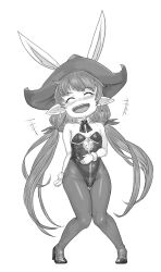 1girl animal_ears breasts closed_eyes fake_animal_ears full_body granblue_fantasy greyscale harvin hat highres laughing leotard long_hair low_twintails ludmila_(granblue_fantasy) monochrome open_mouth pantyhose playboy_bunny rabbit_ears small_breasts solo transparent_background twintails yggsil