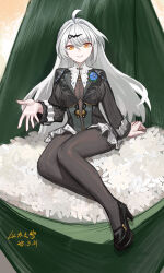 absurdres ahoge artist_name black_pantyhose bodystocking breasts cleavage cleavage_cutout closed_mouth clothing_cutout facing_viewer flower_on_chest food full_body hair_ornament high_heels highres large_breasts long_hair looking_at_viewer miniskirt on_hammock pantyhose shirt sitting skirt smile solo turtleneck very_long_hair white_shirt yellow_eyes yi_xuan_(zenless_zone_zero) yitai_zhi_meng yixuan_(trails_of_ink)_(zenless_zone_zero) zenless_zone_zero zongzi