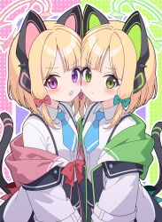 2girls :&lt; animal_ear_headphones animal_ears aqua_necktie back_bow black_jacket black_shorts black_skirt black_tail blonde_hair blue_archive blunt_bangs blush bow cat_ear_headphones cat_ears cat_tail cheek-to-cheek closed_mouth collared_shirt commentary cowboy_shot dot_nose dress_shirt fake_animal_ears fake_tail frilled_skirt frills green_background green_bow green_eyes green_halo green_jacket halo headphones heads_together highres hood hood_down hooded_jacket jacket long_sleeves looking_at_viewer low-tied_sidelocks medium_hair midori_(blue_archive) momoi_(blue_archive) multicolored_jacket multiple_girls necktie odorukaminoke off_shoulder open_clothes open_jacket open_mouth outline parted_bangs pink_background pink_halo pink_jacket purple_background purple_eyes red_bow school_uniform shirt short_necktie short_shorts shorts siblings sidelocks sisters skirt split_mouth suspender_shorts suspender_skirt suspenders tail tail_raised twins white_jacket white_outline white_shirt