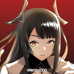 Rule 34 | 1girl, black hair, blunt bangs, closed mouth, horns, kawae kouta, light smile, lowres, nue (nue no onmyouji), nue no onmyouji, official art, profile picture, red eyes, smile, solo