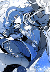 1girl absurdres armor blue_cape blue_eyes blue_gloves blue_hair cape fire_emblem fire_emblem_awakening gloves hair_between_eyes highres holding long_hair lucina_(fire_emblem) nakabayashi_zun nintendo open_mouth solo tiara weapon white_background