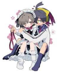 2boys alternate_costume apron black_dress black_hair blush braid brown_eyes brown_hair collar collared_shirt crossdressing dress enmaided florian_(pokemon) flower_symbol hair_between_eyes hairband heart holding holding_leash jacket kieran_(pokemon) leash long_sleeves maid maid_headdress male_focus mole mole_on_neck multicolored_hair multiple_boys nintendo open_mouth pokemon pokemon_sv pon1o_pnpn purple_hair shirt shorts simple_background single_braid sitting socks sweat trap white_background yaoi yellow_eyes yellow_hairband