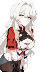 Rule 34 | 1girl, awe (adorableduckyy), bad id, bad twitter id, black shorts, breasts, brown pantyhose, cleavage, cleavage cutout, closed mouth, clothing cutout, erdos helia, erdos helia (valkyrie boltstorm), grey eyes, grey hair, highres, honkai (series), honkai impact 3rd, jacket, long hair, midriff, mole, mole under eye, navel, pantyhose, red jacket, shorts, simple background, smile, solo, white background