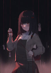 Rule 34 | 1girl, absurdres, black dress, black hair, blunt bangs, bow, braid, cardigan, ciza gomi, collared shirt, dress, grey cardigan, hair bow, highres, holding, holding rope, holding string, kitanai kimi ga ichiban kawaii, long hair, long sleeves, open cardigan, open clothes, red bow, red eyes, rope, sezaki airi, shaded face, shirt, side braid, sidelocks, solo, string, twin braids, very long hair, white shirt