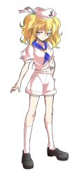 1girl anchor_print anchor_symbol arms_at_sides black_shoes blonde_hair blue_neckerchief blue_sailor_collar breasts closed_mouth collarbone commentary_request cropped_shirt crying crying_with_eyes_open dairi full_body half-closed_eyes hat hat_ribbon highres kitashirakawa_chiyuri kneehighs large_variant_set light_frown looking_at_viewer medium_breasts medium_hair midriff_peek navel neckerchief no_dickey pink_hat pink_ribbon pink_serafuku pink_shirt pink_shorts pink_socks raised_inner_eyebrows ribbon sad sailor_collar sailor_hat school_uniform serafuku shirt shoes short_sleeves shorts sideways_glance simple_background socks solo standing tachi-e tears touhou touhou_(pc-98) transparent_background two_side_up variant_set wavy_eyebrows yellow_eyes
