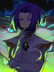 1girl asagi1111 blue_eyes breasts closed_mouth commentary_request commission deus_(xenogears) gem green_gemstone highres large_breasts looking_at_viewer miang_hawwa monolith_soft monster purple_eyes purple_hair scene_reference short_hair smile smug standing too_many_eyes xeno_(series) xenogears