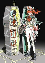 2girls animal_ear_fluff animal_ears ascot atory_totory blue_eyes blue_hair bound coffin frilled_sleeves frills highres holding holding_shield holding_sword holding_weapon immobilization long_hair looking_at_viewer multiple_girls orange_hair original oxygen_mask pants ponytail shield standing sword tied_up_(nonsexual) very_long_hair weapon white_pants