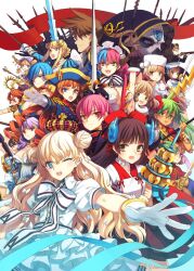 6+girls :d ;d alexander_(eiyuu_senki) annotated bell bicorne blonde_hair blue_eyes blue_hair bow breasts brown_eyes brown_hair character_request commentary_request cook_(eiyuu_senki) cover crown curly_hair dixie_cup_hat double_bun drill_hair earrings eiyuu_senki epaulettes flat_chest francis_drake_(eiyuu_senki) frills gawain_(eiyuu_senki) gloves green_eyes green_hair hair_bun hair_ornament hat heterochromia highres himiko_(eiyuu_senki) hoop_earrings ivan_(eiyuu_senki) jeanne_d&#039;arc_(eiyuu_senki) jewelry jingle_bell kagura_suzu kamehameha_(eiyuu_senki) king_arthur_(eiyuu_senki) kublai_khan_(eiyuu_senki) lancelot_(eiyuu_senki) lu_bu_(eiyuu_senki) magatama magatama_hair_ornament mask medium_breasts military_hat multicolored_hair multiple_girls musashibou_benkei_(eiyuu_senki) napoleon_bonaparte_(eiyuu_senki) nero_(eiyuu_senki) oda_nobunaga_(eiyuu_senki) official_art one_eye_closed ooyari_ashito open_mouth orange_hair photoshop_(medium) pink_hair protagonist_(eiyuu_senki) puff_and_slash_sleeves puffy_sleeves purple_hair qin_shi_huang_(eiyuu_senki) short_hair small_breasts smile split-color_hair sword twintails two-tone_hair video_game_cover weapon yellow_eyes