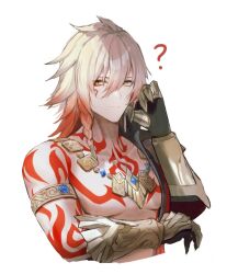 Rule 34 | 1boy, ?, arm tattoo, armlet, axxxdxhxx, bare pectorals, black coat, blonde hair, braid, chest tattoo, coat, earrings, facial tattoo, gold earrings, gold necklace, gradient hair, hair between eyes, hand up, honkai: star rail, honkai (series), jewelry, looking at viewer, male focus, medium hair, multicolored hair, mydei (honkai: star rail), necklace, open clothes, open coat, pectorals, red hair, red tattoo, side braid, simple background, solo, tattoo, upper body, white background, yellow eyes