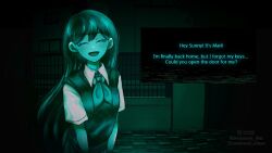 Rule 34 | 1girl, :d, ^ ^, closed eyes, collared shirt, commentary, double-parted bangs, english commentary, english text, facing viewer, green theme, hair behind ear, hair between eyes, long hair, mari (headspace) (omori), mari (omori), maromichan, monochrome, neckerchief, omori, open mouth, shirt, short sleeves, smile, solo, sweater vest, tongue, upper body, very long hair